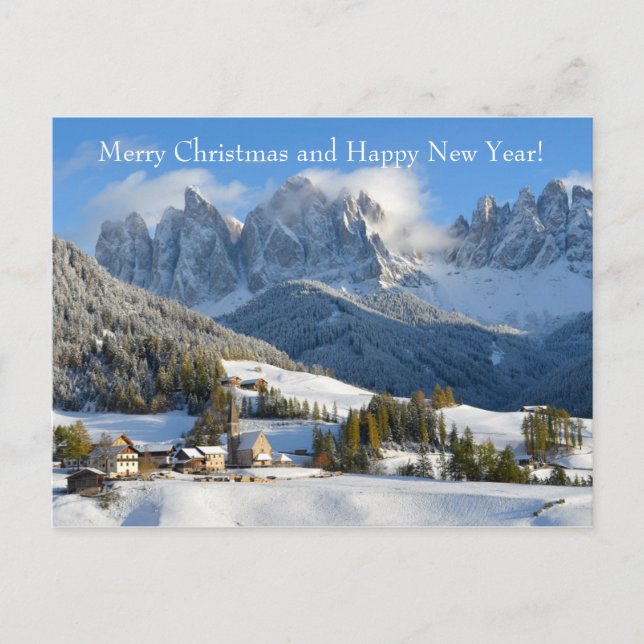 Christmas card with dolomite village in winter (Front)