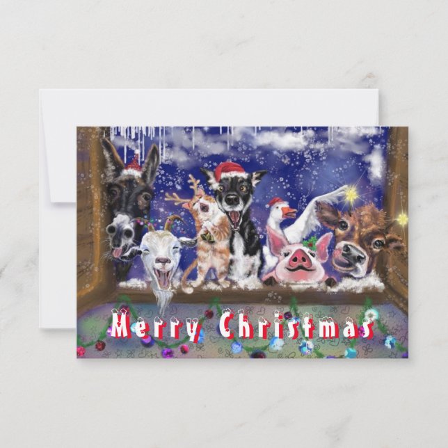 Christmas Card with Funny Farm Animal Party (Front)