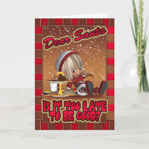 Christmas Card With Naughty Cute Elf Eating Ginger