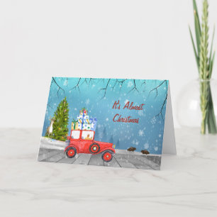 Christmas Card with Old Retro Car & Winter Scenic