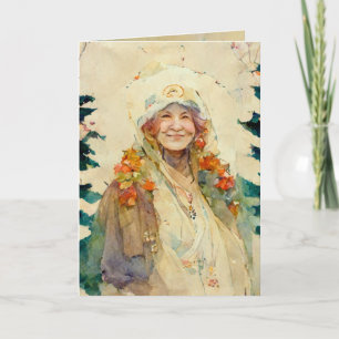 Christmas card with old woman watercolor winter 