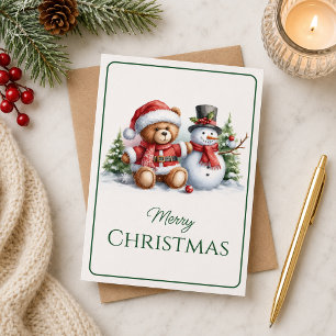 Christmas card with picture of teddy bear and snow