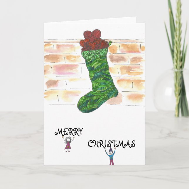 Christmas card with stocking and quirky characters (Front)