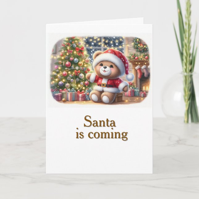 Christmas card with teddy bear and tree image (Front)