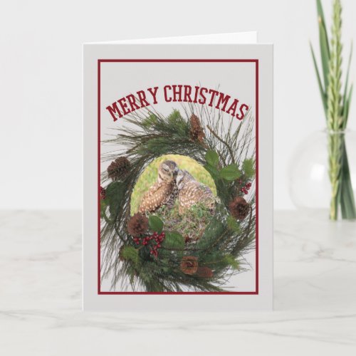 Christmas Card with Two Loving Burrowing Owls