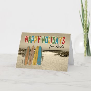Christmas Card With Vintage Surfboards On Beach by PamJArts at Zazzle