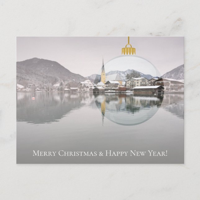 Christmas card with winter church and X-mas ball (Front)