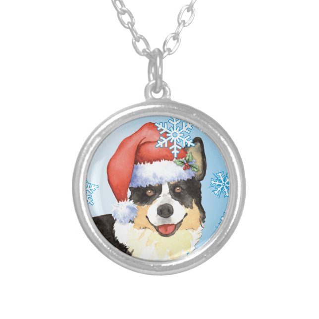 Christmas Cardigan Welsh Corgi Silver Plated Necklace (Front)
