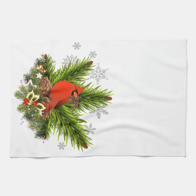Christmas Cardinal and Greenery  Kitchen Towel (Horizontal)