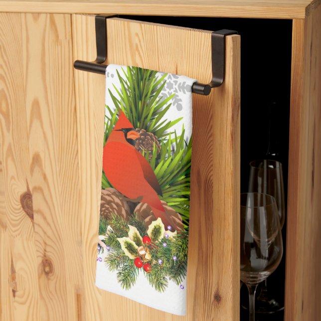 Christmas Cardinal and Greenery  Kitchen Towel (Thirds Fold)
