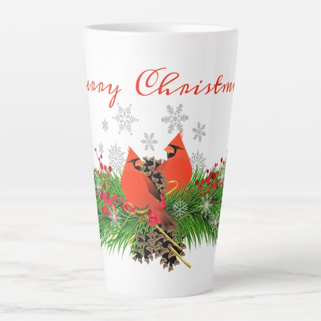 Christmas Cardinal and Greenery Latte Mug (Front)