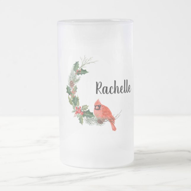Christmas Cardinal and Holly Frosted Glass Beer Mug (Center)