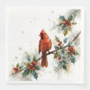 Christmas Cardinal and Holly Leaves Paper Dinner Napkins