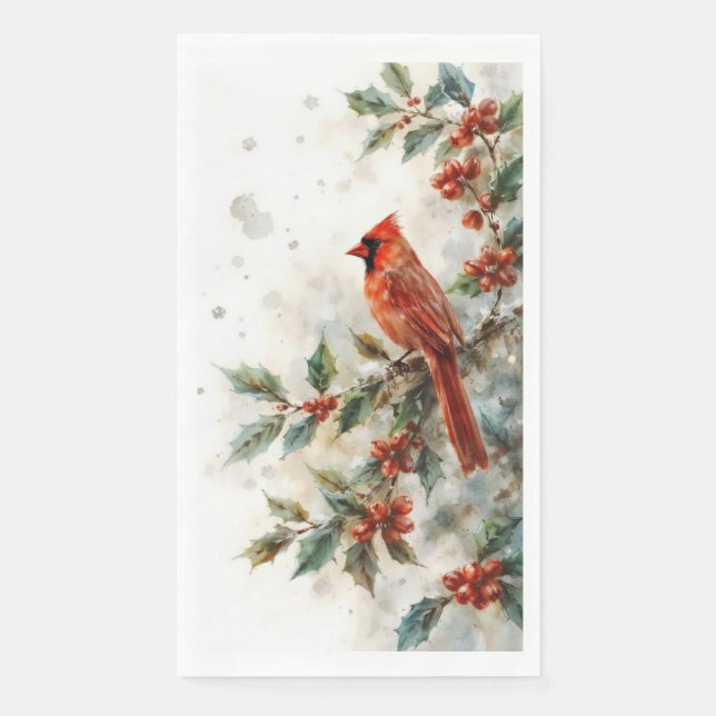 Christmas Cardinal and Holly Leaves Paper Guest Towels (Front)