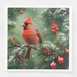 Christmas Cardinal and Pine Needles Paper Dinner Napkins