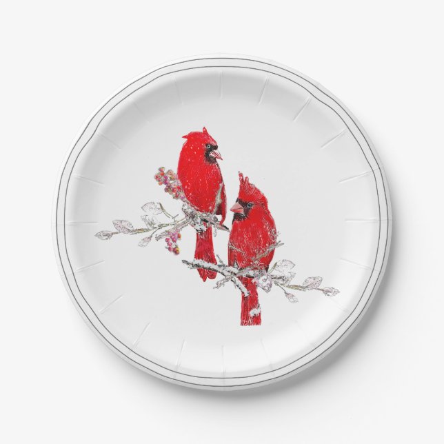 Christmas Cardinal Berries Snow Holiday  Paper Plates (Front)