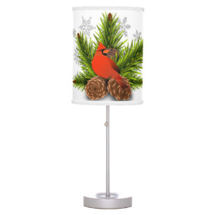 Christmas Cardinal Bird and Pinecones Table Lamp