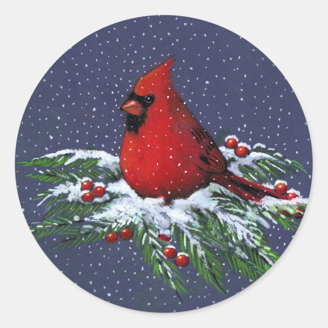 CHRISTMAS: CARDINAL: BIRD: ART CLASSIC ROUND STICKER | Zazzle