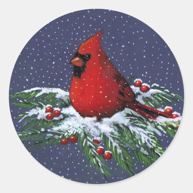 CHRISTMAS: CARDINAL: BIRD: ART CLASSIC ROUND STICKER (Front)