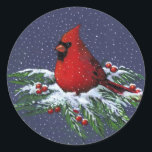 CHRISTMAS: CARDINAL: BIRD: ART CLASSIC ROUND STICKER<br><div class="desc">A bright red Cardinal sits on snowy pine branches decked with juicy red berries as snow falls gently against a dark blue background.  Artwork created with Color Pencils.</div>