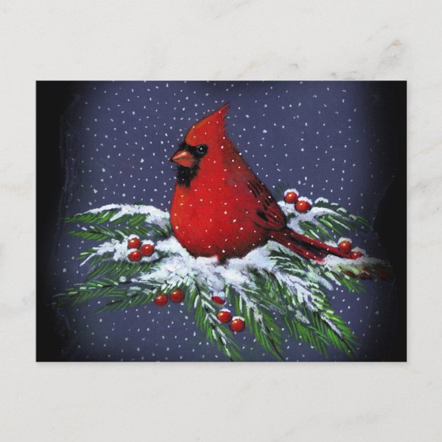 CHRISTMAS CARDINAL: BIRD: ART: SNOW HOLIDAY POSTCARD (Front)