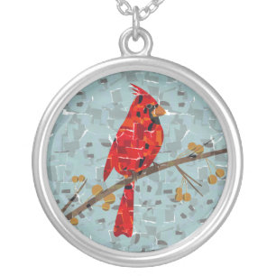 Christmas Cardinal bird collage Silver Plated Necklace