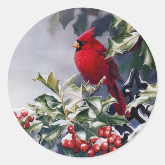 Christmas Cardinal Bird Sitting On Holly Berries Classic Round Sticker (Front)