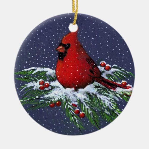 CHRISTMAS CARDINAL BIRD SNOW ART CERAMIC ORNAMENT