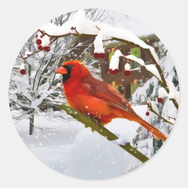 Christmas,  Cardinal Bird, Snow, Sticker (Front)