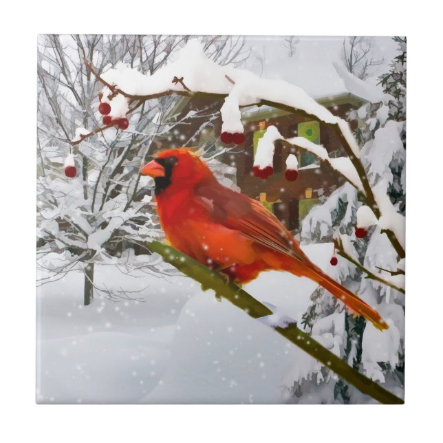 Christmas,  Cardinal Bird, Snow, Tile (Front)
