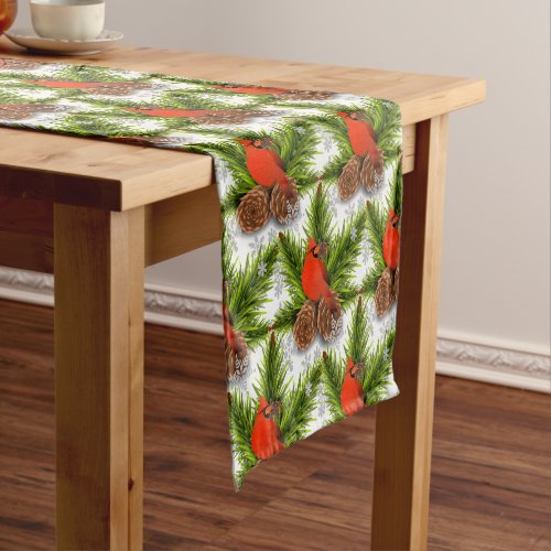 Christmas Cardinal Bird with Balsam Tree Branches  Short Table Runner