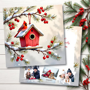 Christmas Cardinal & Birdhouse Personalized Photo Holiday Card