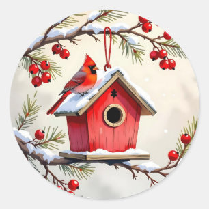 Christmas Cardinal Birdhouse snowy pine branch Classic Round Sticker