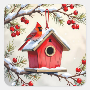 Christmas Cardinal Birdhouse snowy pine branch Square Sticker