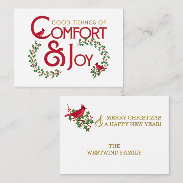 Christmas Cardinal Comfort and Joy Flat Note Card (Front/Back)