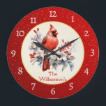 Christmas Cardinal Gold Splatters Analog Large Clock<br><div class="desc">A Christmas design featuring an elegant cardinal,  floral design with a Holiday red and golden splatters border. Analog numbering. Add your family name or text.</div>