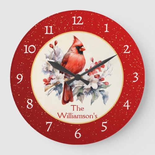 Christmas Cardinal Gold Splatters Analog Large Clock