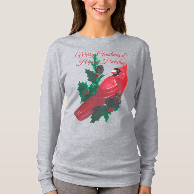 Christmas Cardinal Holly & Berries Long Sleeve Tee (Front)