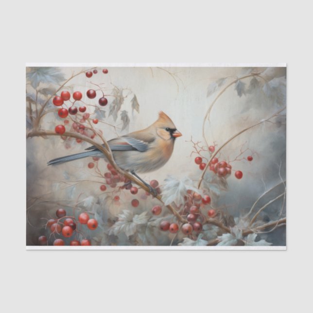 Christmas Cardinal Holly Berry in Winter Decoupage Tissue Paper (Front)