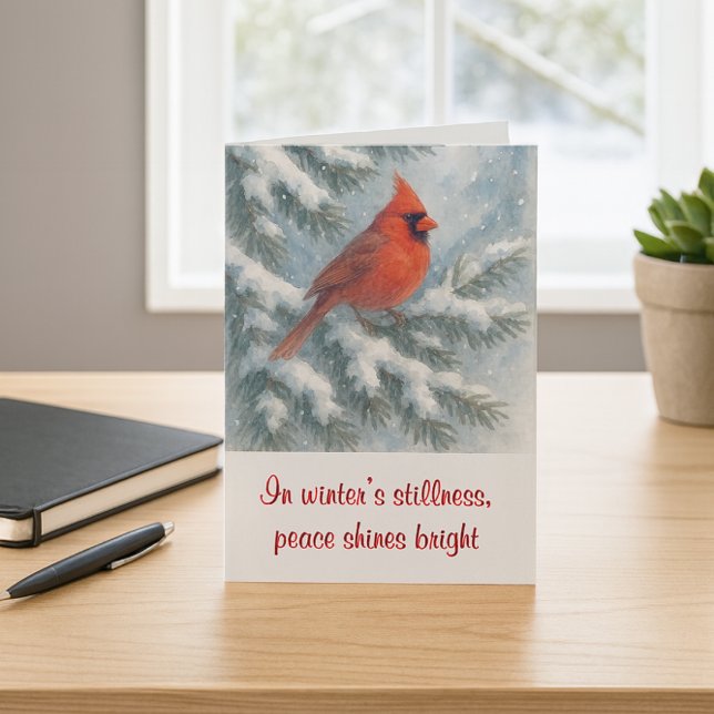 Christmas Cardinal in Fir Tree Holiday Card ("Red cardinal Christmas card with peaceful winter scene—perfect for nature lovers and holiday mail.")