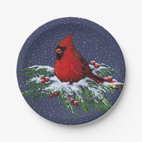 Christmas Cardinal in Snow Holiday Bird Art Paper Plates