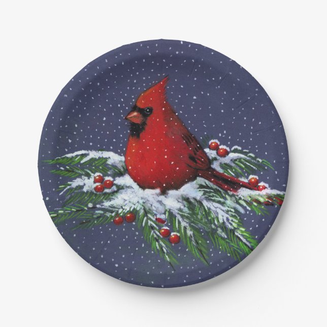 Christmas Cardinal in Snow: Holiday, Bird: Art Paper Plates (Front)