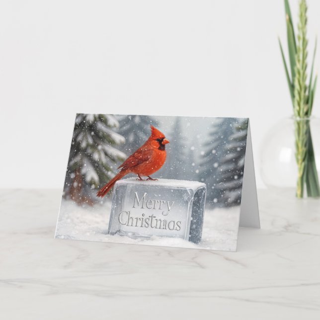 Christmas Cardinal In Snowflakes On Ice  Holiday Card (Front)