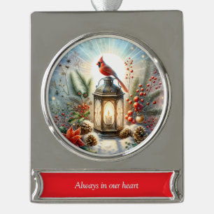 Christmas Cardinal Lantern Silver Plated Banner Ornament