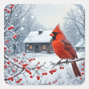 Christmas Cardinal On Red Berry Branch Square Sticker