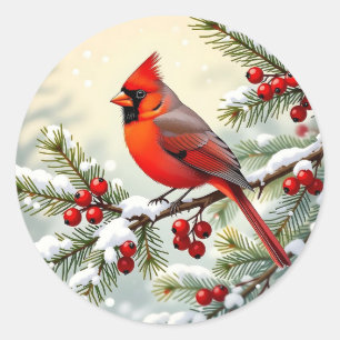 Christmas Cardinal on snowy pine branch Classic Round Sticker