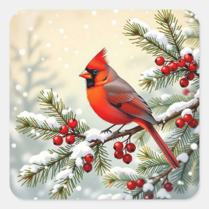 Christmas Cardinal on snowy pine branch Square Sticker