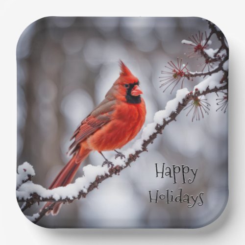 Christmas Cardinal On Winter Branch Paper Plates