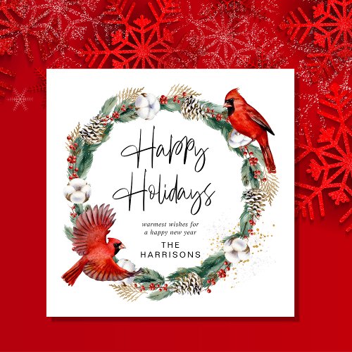 Christmas Cardinal Pine Greenery Wreath Happy Holiday Card