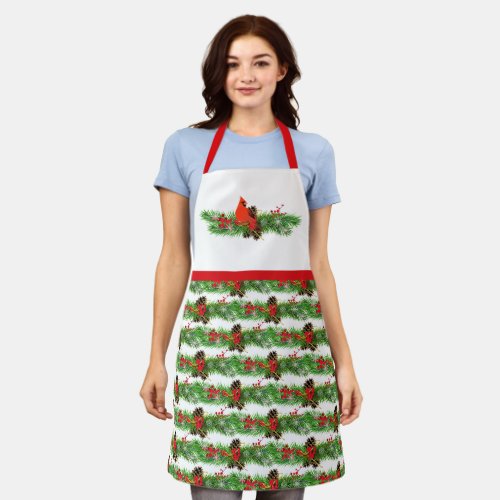 Christmas Cardinal Pinecone Holiday Greenery  Apron